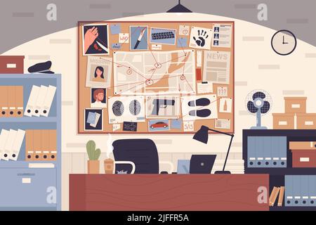 Detective office with table and board with evidences and red thread ...