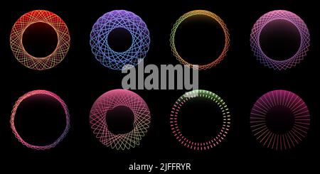 Set of spirograph effect circles spiral elements isolated on black background. Vector illustration Stock Vector