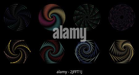 Set of dotted spiral vortex geometric elements isolated on black background. Vector graphic illustration Stock Vector