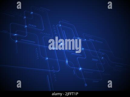Abstract modern digital science technology futuristic circuit board with glowing light and geometric elements perspective on blue background. Vector i Stock Vector