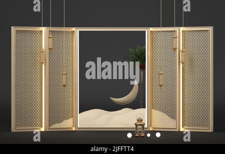 Lantern, moon, desert, and wall pattern with podium. 3d rendering of modern islamic theme banners. Background design template. 3d illustration Stock Photo