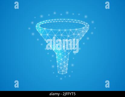Funnel low poly symbol with white connected dots. 3d geometric polygonal Big data. Data filter, sale strategy, client flow design vector illustration. Stock Vector