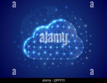 Cloud 3d low poly symbol with blue world map background. Download concept design vector illustration. Big data polygonal symbol with connected dots Stock Vector