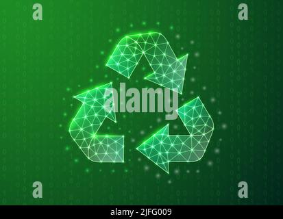 Recycle polygonal symbol with binary code background. Waste recycling concept design illustration. Green Ecology low poly symbol with connected dots Stock Vector