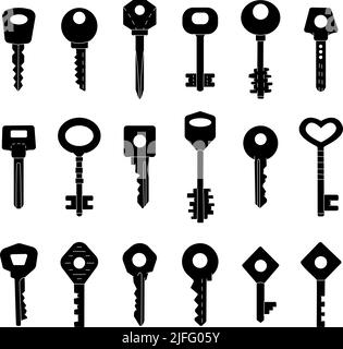 Set of black house key silhouettes. Dark hand drawn colored house keys. Black vintage door keys Stock Vector