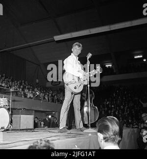 Tommy Steele. English entertainer regarded as Britain's first teen idol and rock and roll star. Born december 17 1936. Picture taken when he performed in Stockholm Sweden April 19 1958. Stock Photo