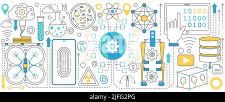 Innovation technology, thin line scientific equipment and symbols vector illustration. Abstract drone robot, phone fingerprint recognition, data center hardware, global access and surveillance Stock Vector