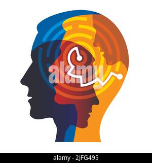 Teamwork solution, business cooperation, maze concept. Illustration of stylized Male heads silhouettes of young men with solved maze. Vector available. Stock Vector