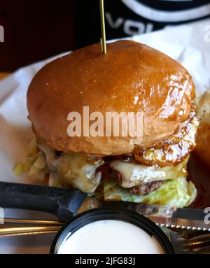 Los Angteles California, USA 29th June 2022 Hawaiian Burger at Islands Restaurant at Howard Hughes Los Angeles HHLA Howard Hughes Center at 6081 Center Drive in Los Angeles, California, USA. Photo by Barry King/Alamy Stock Photo Stock Photo