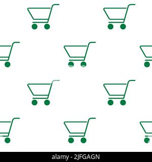 Shopping cart icons seamless pattern, line green minimalist background. Vector illustration. Minimalist simple background, decoration green basket tro Stock Vector