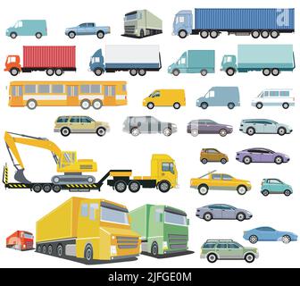 Collection of truck and passenger car, bus and van, cut out isolated, illustration Stock Vector