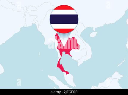 Asia with selected Thailand map and Thailand flag icon. Vector map and flag. Stock Vector