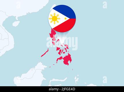 Asia with selected Philippines map and Philippines flag icon. Vector map and flag. Stock Vector