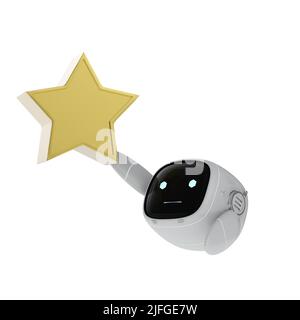 Leadership technology concept with 3d rendering small and cute assistant robot holding golden star trophy Stock Photo