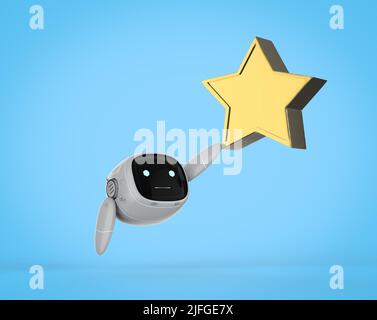 Leadership technology concept with 3d rendering small and cute assistant robot holding golden star trophy Stock Photo