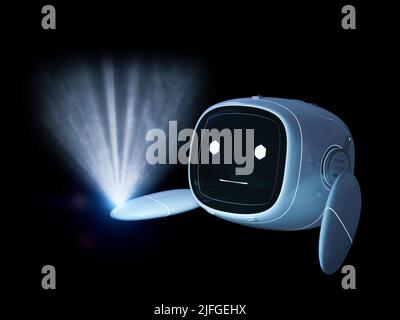 3d rendering cute assistant artificial intelligence robot no leg with cartoon character extend hand with surprise shining light Stock Photo