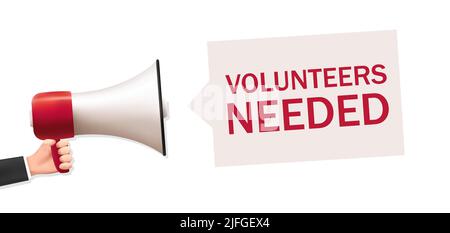 The hand holds a megaphone, volunteers needed. Loudspeaker with speech bubble. Banner for business, marketing and advertising. Vector illustration. Stock Vector