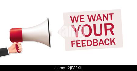 hands holding a megaphone, we want your feedback. Stock Vector