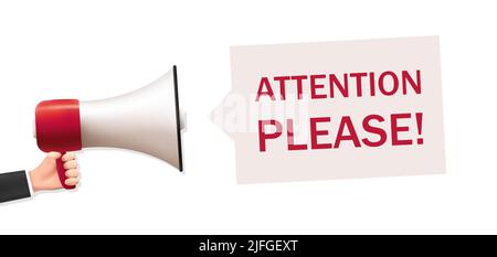 Attention please sign with Megaphone in hands. Important message, pay attention to the banner. Stock Vector