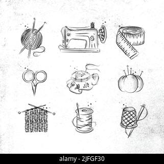 Bakery icon set with illustrated sewing machine, skein of threads, scissors, knitting needles, needle, thread, embroidery hoop in hand drawing style o Stock Vector