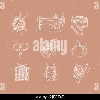 Bakery icon set with illustrated sewing machine, skein of threads, scissors, knitting needles, needle, thread, embroidery hoop in hand drawing style o Stock Vector