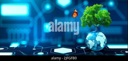 Tree growing on crystal globe. Digital Convergence and and Technology Convergence. Blue light, binary and network background. Green Computing, IT. Stock Photo
