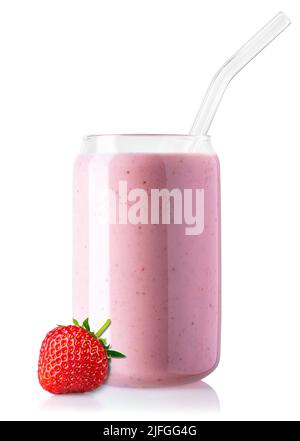 strawberry smoothie in glass jar isolated on white Stock Photo