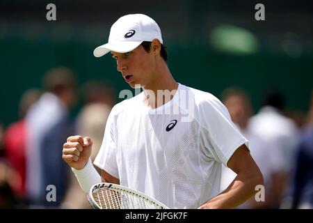 Gabriel Debru in action during his Boys Singles first round match against Louis Bowden during day seven of the 2022 Wimbledon Championships at the All England Lawn Tennis and Croquet Club, Wimbledon. Picture date: Sunday July 3, 2022. Stock Photo