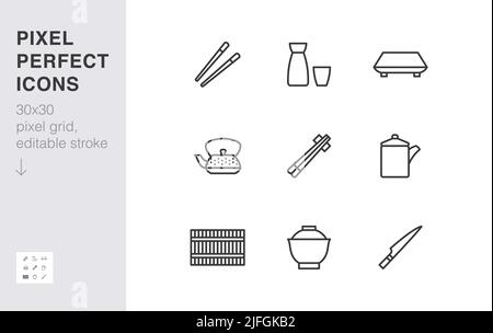 Japanese tableware line icon set. Chopsticks, sushi plate, sake, soup bowl, roll mat, soy sauce minimal vector illustration. Simple outline sign of Stock Vector