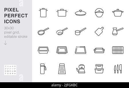Cookware line icon set. Kitchen equipment cooker pan pot, frying griddle, lid, knife grater minimal vector illustration. Simple outline sign of Stock Vector