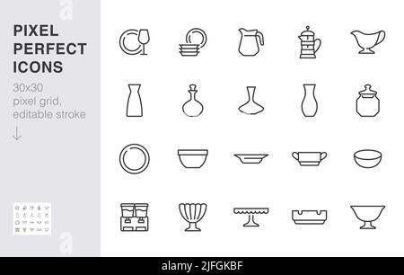 Glass crockery line icon set. Tableware - plate, jug, dish, ashtray, salad bowl, decanter, wineglass minimal vector illustration. Simple outline sign Stock Vector