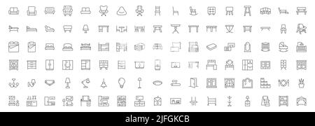 Furniture flat line icons set. Kitchen, bedroom, sofa table, bookcase closet, chair, mattress, lamps, ladder vector illustrations. Outline signs of Stock Vector