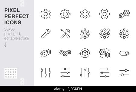 Gear, cogwheel line icons set. App settings button, slider, wrench tool, fix concept minimal vector illustrations. Simple flat outline signs for web Stock Vector