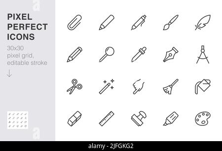Drawing tools line icons set. Pen, pencil, paintbrush, dropper, stamp, smudge, paint bucket minimal vector illustrations. Simple outline signs for web Stock Vector