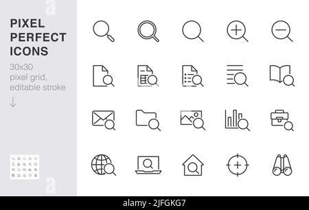 Search line icons set. Zoom, find document, magnify glass symbol, look tool, binoculars minimal vector illustrations. Simple flat outline signs for Stock Vector