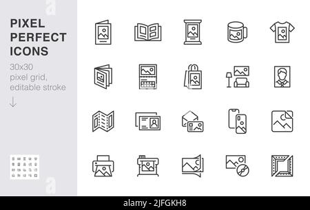 Photo printing line icon set. Brand identity printed on products like brochure, banner, mug, plotter vector illustrations. Simple outline signs for Stock Vector