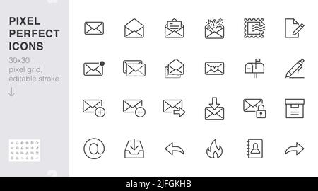 Email line icons set. Letter, spam mail, open envelope, postage stamp, mailbox, new document minimal vector illustrations. Simple flat outline signs Stock Vector