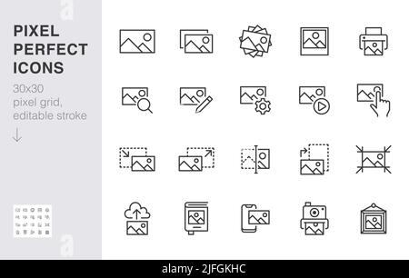 Photo line icon set. Image gallery, picture frame, printer, file resize, camera minimal vector illustrations. Simple outline signs for photos editor Stock Vector