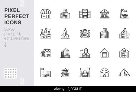 City building line icons set. Hospital, hotel, bank, mall, government hall, castle, police minimal vector illustrations. Simple flat outline sign for Stock Vector