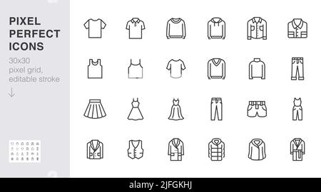 Clothing line icon set. Dress, polo t-shirt, jeans, winter coat, jacket pants, skirt minimal vector illustrations. Simple outline signs for fashion Stock Vector