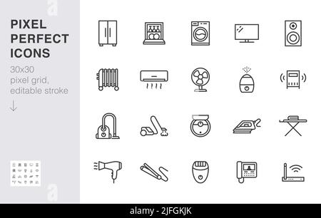 Household appliance line icon set. Washing machine, humidifier robot vacuum cleaner, curling iron minimal vector illustration. Simple outline signs Stock Vector