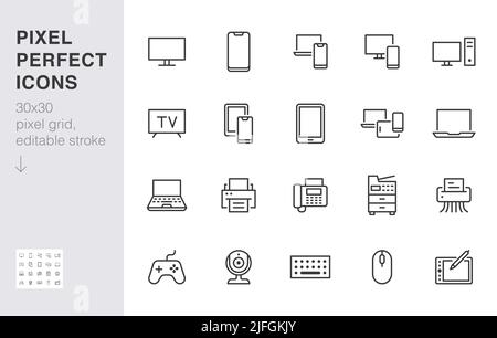 Devices line icons set. Computer, laptop, mobile phone, fax, scanner, smartphone minimal vector illustrations. Simple flat outline sign for web Stock Vector