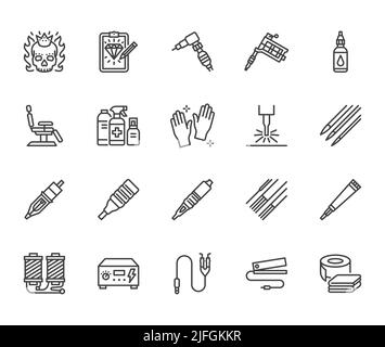 Tattoo, piercing equipment flat line icons set. Tattoo machine, needle, paint, sketch, skull, laser removal vector illustrations. Outline signs for Stock Vector