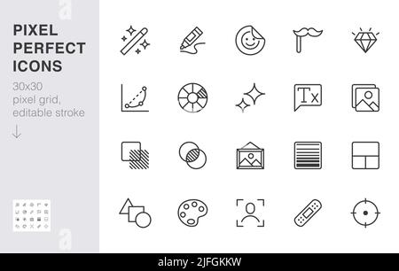Photo edit line icon set. Image filter, add sticker, adjust curves, glow, heal minimal vector illustration. Simple outline signs for photography Stock Vector