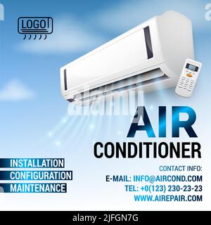 Air Conditioning Repair Flyer with Realistic detailed isometric air conditioning blowing cold air in the room, live font Stock Vector