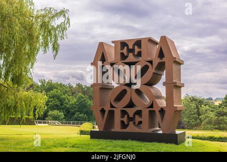 LOVE WALL, 1966-2006 sculpture by American artist Robert Indiana, as displayed at the YSP near Wakefield, UK. Stock Photo