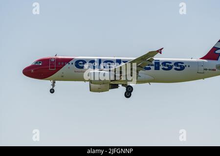 Zurich, Switzerland, May 20, 2022 Edelweiss Air Airbus A320-214 aircraft is landing on runway 14 Stock Photo