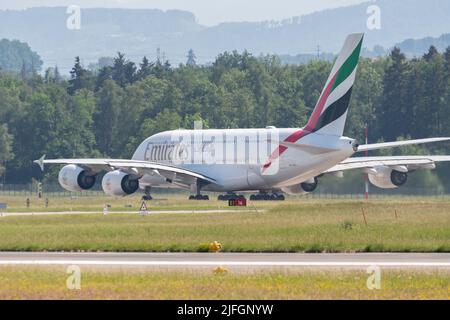 Zurich, Switzerland, May 20, 2022 Emirates Airbus A380-800 aircraft is standing on runway 16 Stock Photo