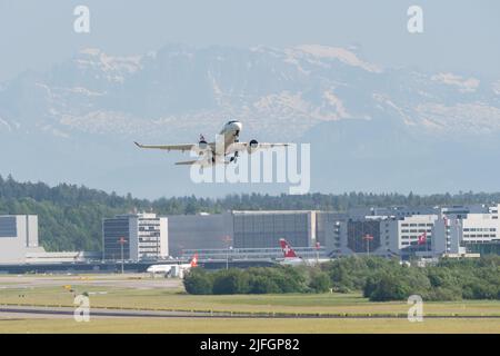 Zurich, Switzerland, May 20, 2022 Swiss International Airlines Bombardier CS-100 or A220-100 is departing from runway 32 Stock Photo