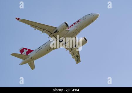 Zurich, Switzerland, May 20, 2022 Swiss International Airlines Bombardier CS-100 or A220-100 is departing from runway 32 Stock Photo